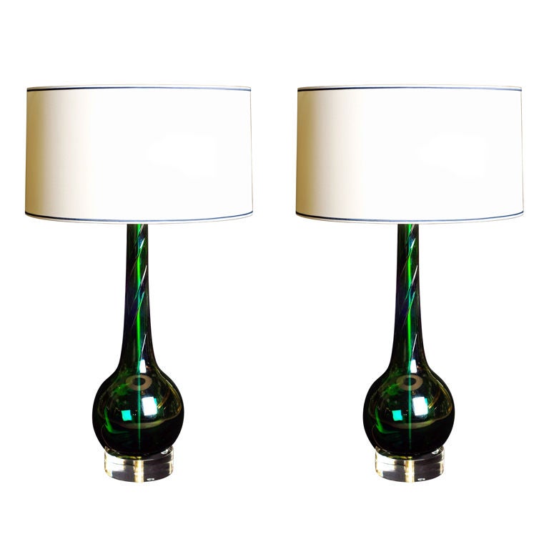 Pair of Green and Navy Murano Lamps