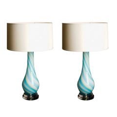 Pair of Blue, White and Green Swirl Murano Lamps