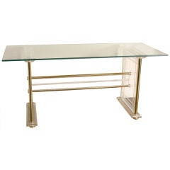 French Etched Lucite, Brass and Glass Desk/Console
