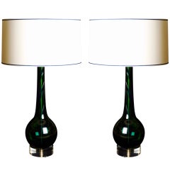 Vintage Pair of Green and Navy Murano Lamps