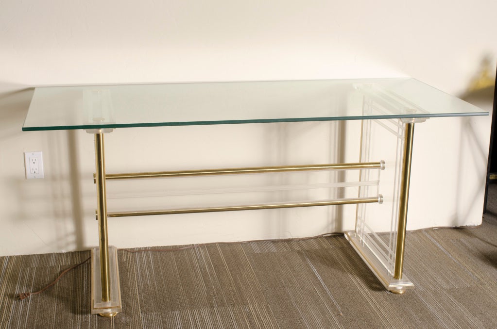 French etched lucite, brass and glass desk or console. Lucite features geometric etching detail.