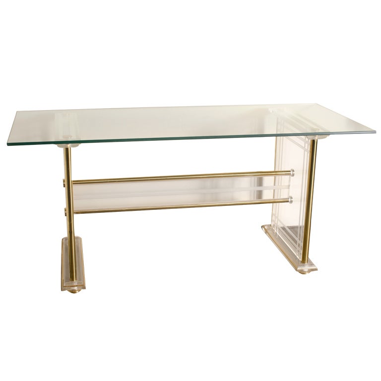 French Etched Lucite, Brass and Glass Desk or Console