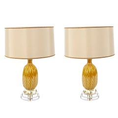 Retro Pair of Mustard and Silver Murano Lamps