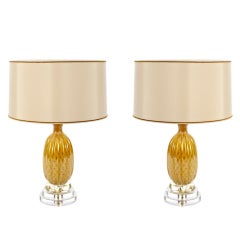 Retro Pair of Mustard and Silver Murano Lamps