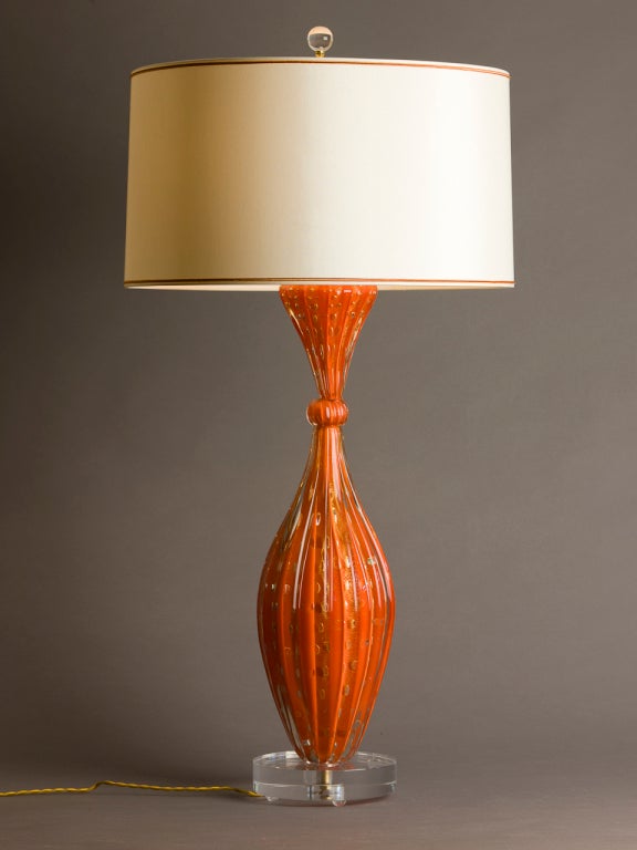 Rare large scale vibrant orange vintage Murano lamp with gold controlled bubble detail. Custom silk shade made in Paris.