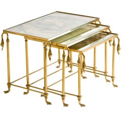 Vintage Set of Three French Brass and Mirror Nesting  Tables