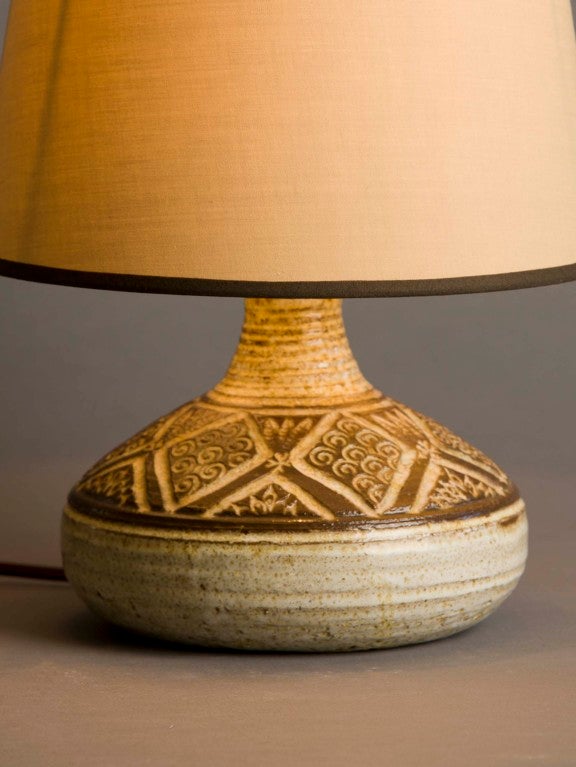 Small Scale French ceramic lamp from Vallauris with geometric detail.  Custom silk shade made in Paris