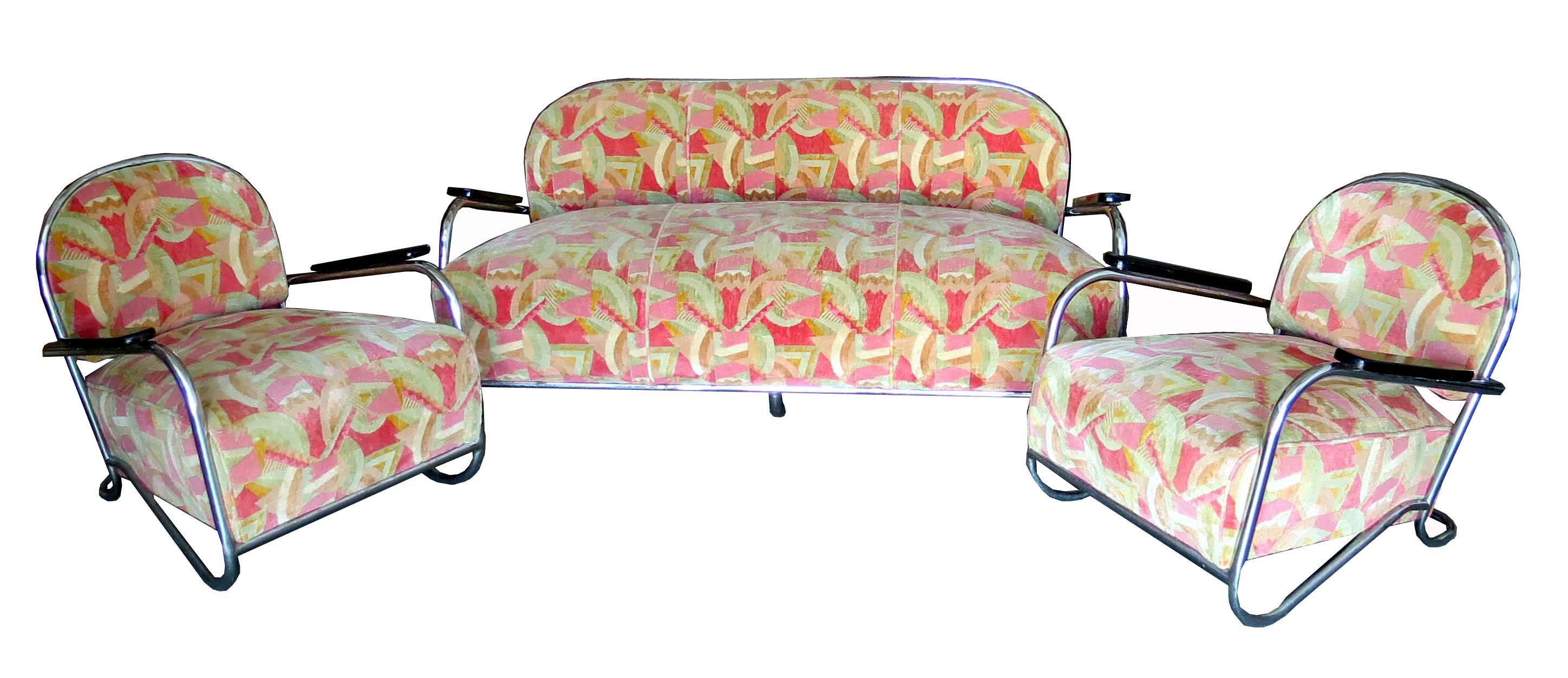 KEM Weber for Lloyd American Art Deco Sofa and Two Club Chairs For Sale