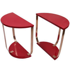Vintage Stunning Pair of Red Lacquer and Copper Demi-Lune Tables