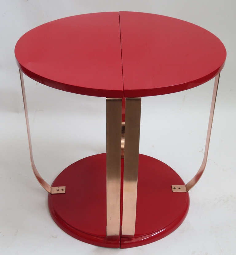 Stunning Pair of Red Lacquer and Copper Demi-Lune Tables