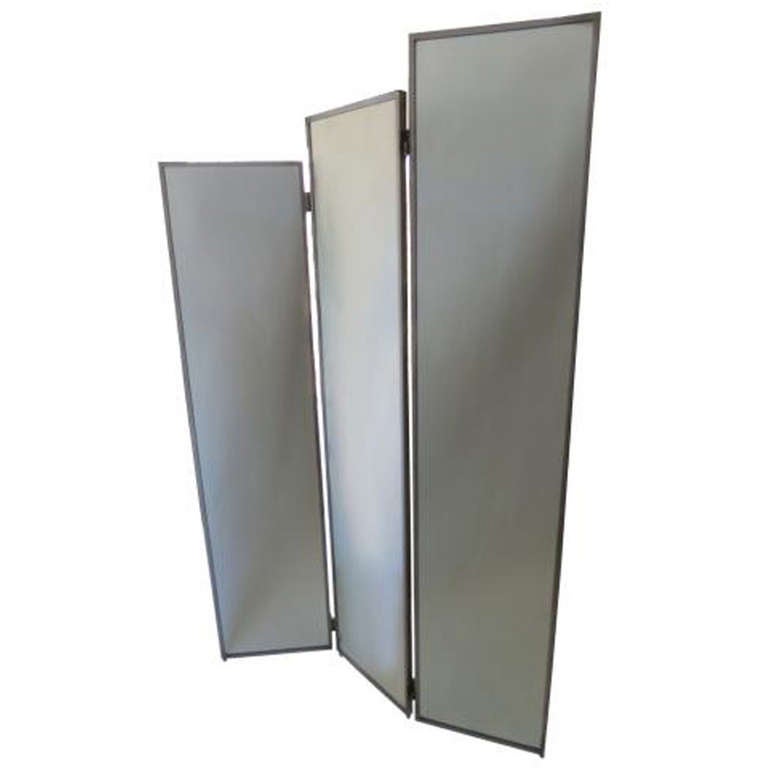 Fabulous Mirror and Nickel Three-Panel Stair-Step Screen or Room Divider For Sale