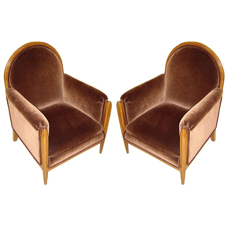 Pair French Art Deco Mohair Arm Chairs For Sale