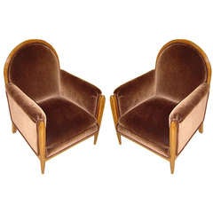 Pair French Art Deco Mohair Arm Chairs
