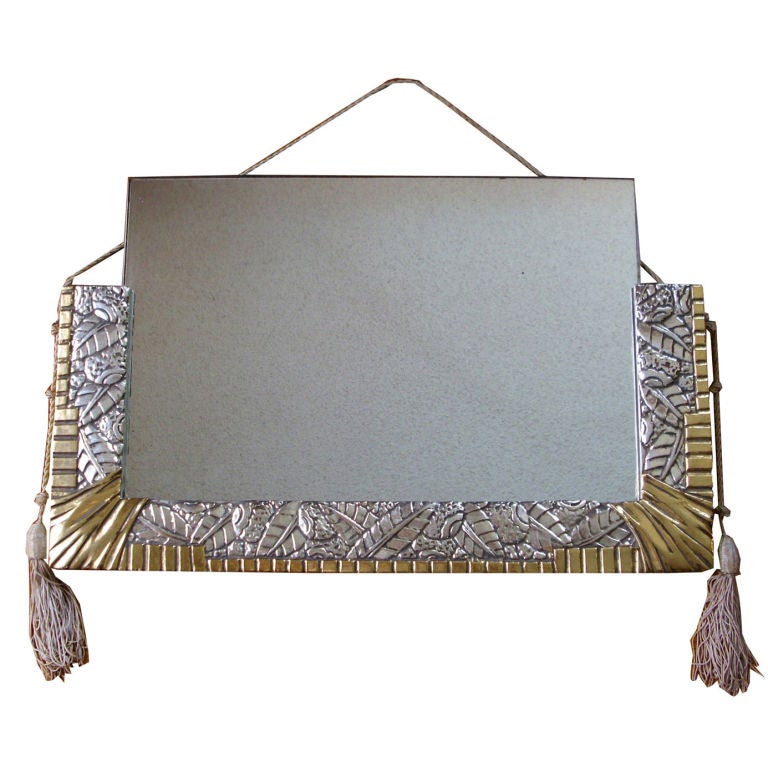 French Art Deco White and Yellow Gold Geometric Foliage Mirror For Sale