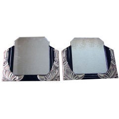 Vintage Pair of French Art Deco Black Lacquer and White Gold Mirrors