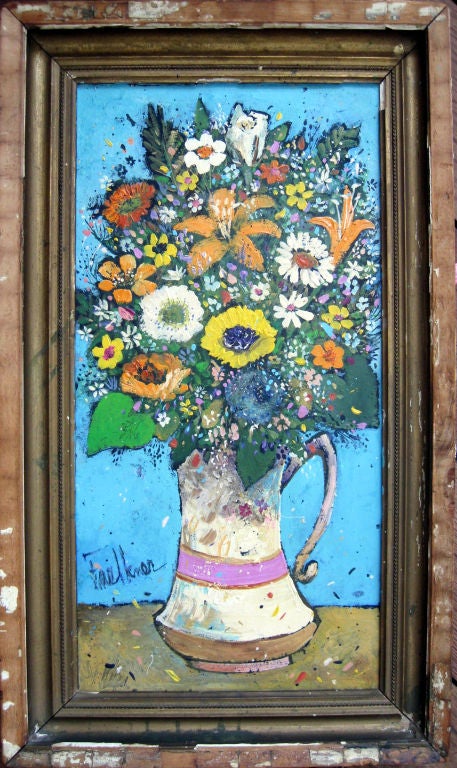 This oil on board painting is by Henry Lawrence Faulkner (1924 – 1981), American.  The painting of a white and pink pottery pitcher filled with Summer flowers including Tiger Lilies, Daisies, Asters and Mums is signed on the lower left “Faulkner”. 