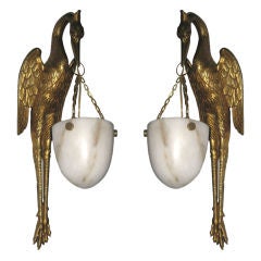 Pair French Art Deco Bronze Dore & Alabaster Stork Wall Sconces