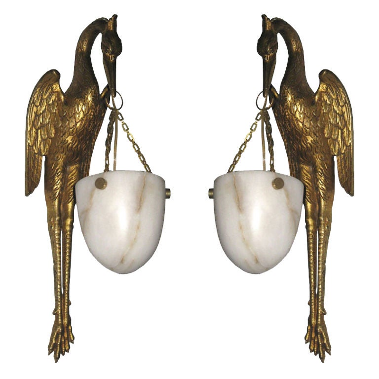 Pair French Art Deco Bronze Dore & Alabaster Stork Wall Sconces