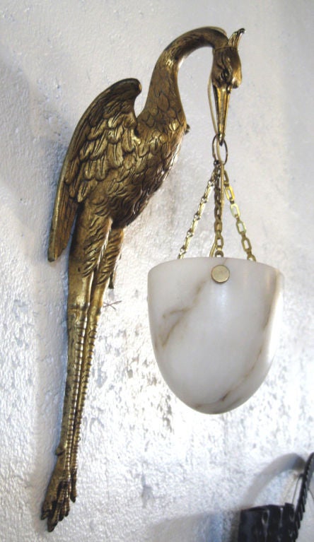 20th Century Pair French Art Deco Bronze Dore & Alabaster Stork Wall Sconces