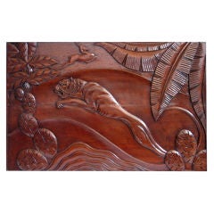 French Art Deco Carved Wood Jungle Cat and Gazelle Wall Placque