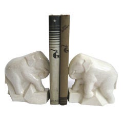 Claude Levi French Art Deco White Craqueleure Elephant Bookends