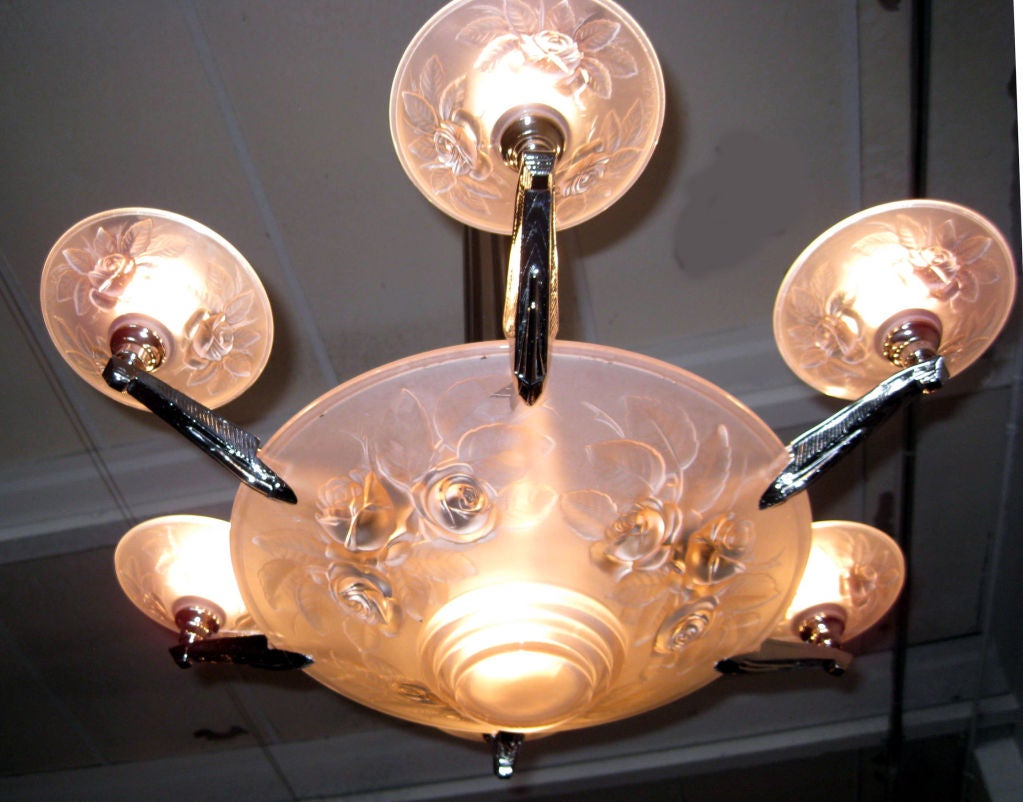 Muller Freres French Art Deco Peach Roses Six Arm Chandelier