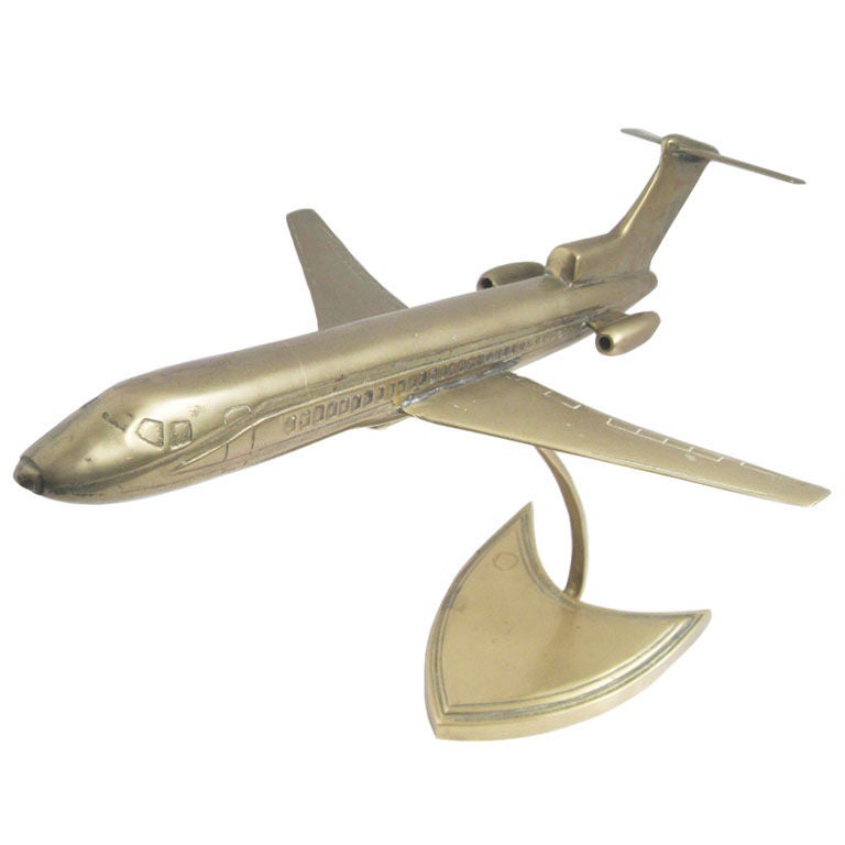 Boeing 727 Jet Airplane Brass Model on Stand