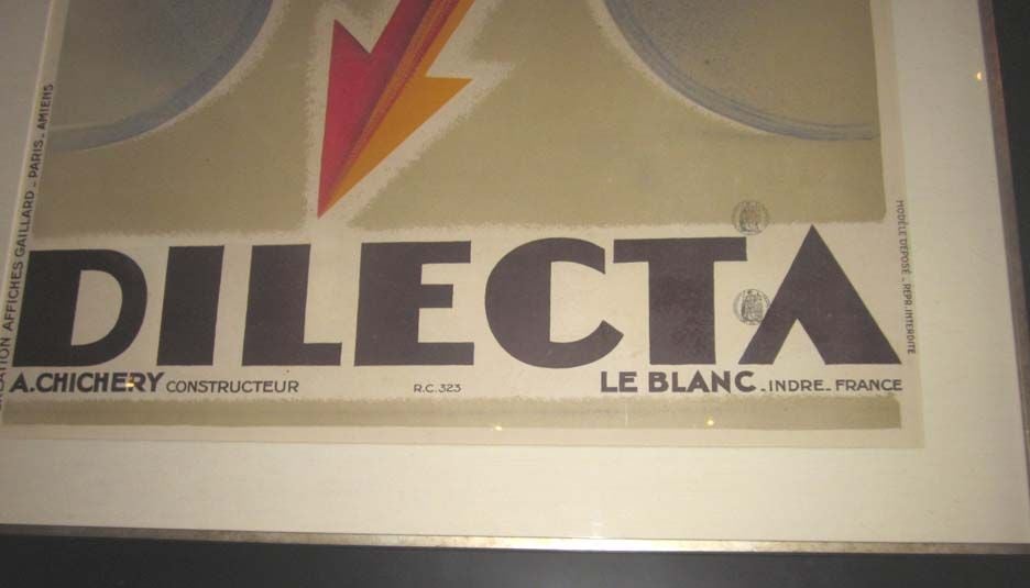 This exciting vintage French art deco stone lithographic poster for Cycles Dilecta was designed ca. 1928 by Georges Favre.  The image, in bright primary colors on a muted background exudes speed and power.  The poster was edited and printed by