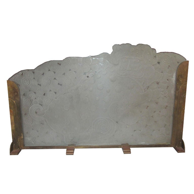 American Art Deco Bronze and Etched Glass Firescreen For Sale