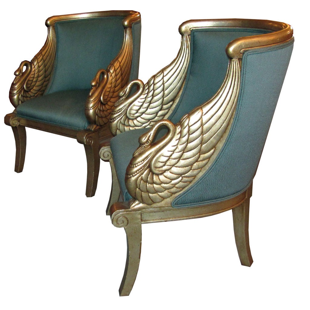 Pair American Art Deco Neoclassical Silver Leaf Swan Arm Chairs