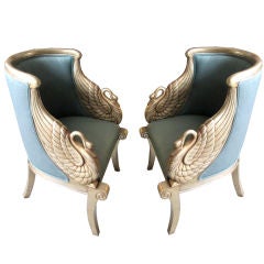 Pair American Art Deco Neoclassical Silver Leaf Swan Arm Chairs