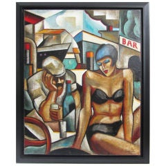 Vintage Cubistic Oil on Canvas Painting by Stephane Gisclard