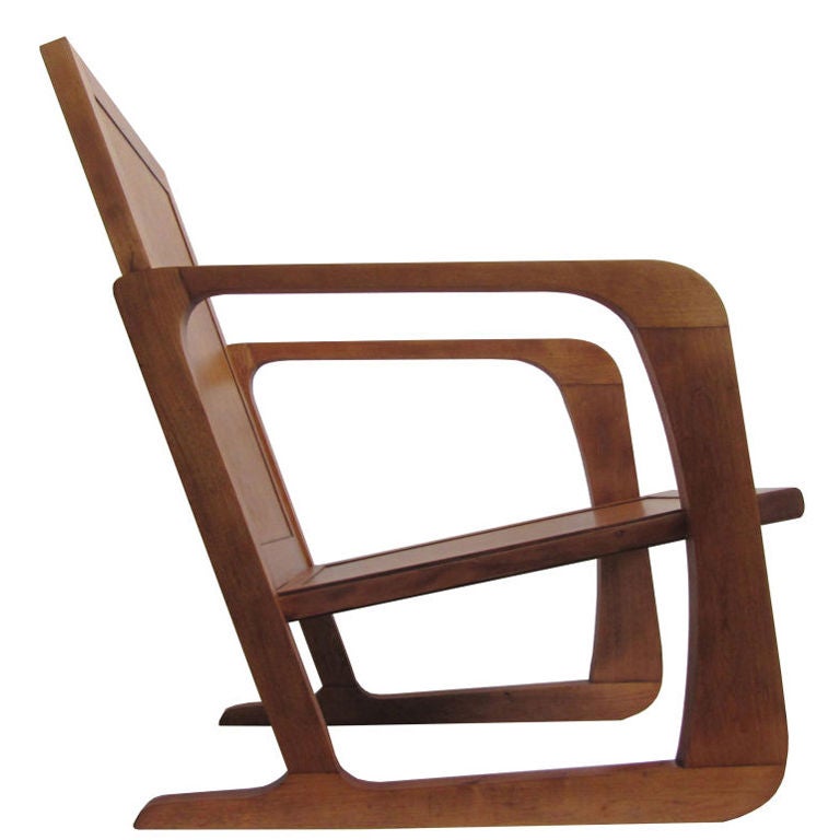 This American art deco arm chair was designed in 1936 by Karl Emmanuel Martin (KEM) Weber (1889 - 1963). In 1935 Weber could not find a manufacturer for his “Airline Chair”.  The several hundred he sold to Disney Studios were made by local cabinet