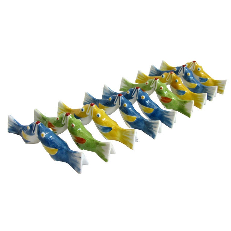 Nine Whimsical Sandoz French Art Deco Kissing Fish Knife Rests For Sale