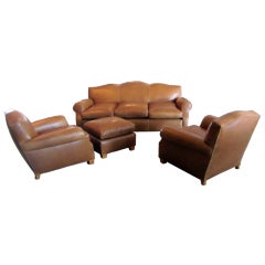French Art Deco Four Leather Sofa and Club Chair Set