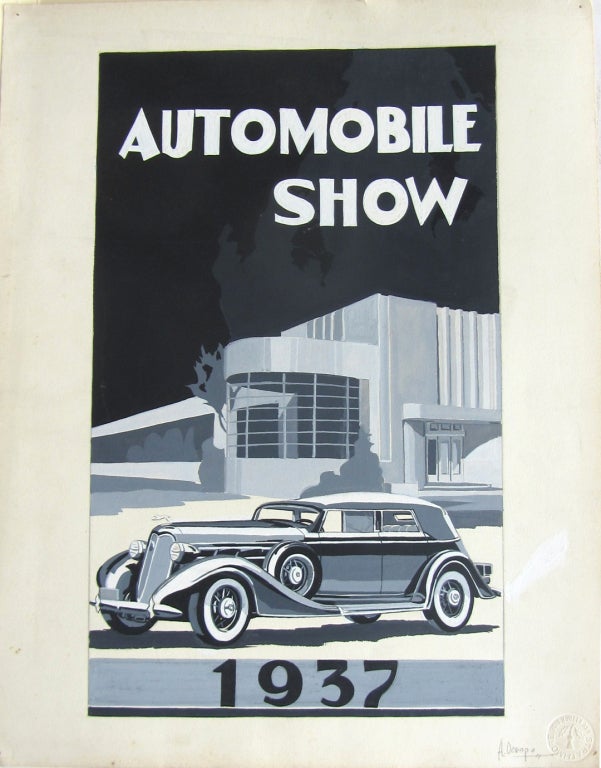 Original American Art Deco Pen and Ink Drawing with Gouache, 1937