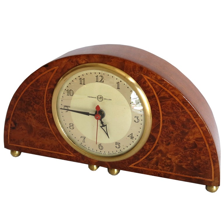 Gilbert Rohde American Art Deco Demilune Burlwood Clock For Sale