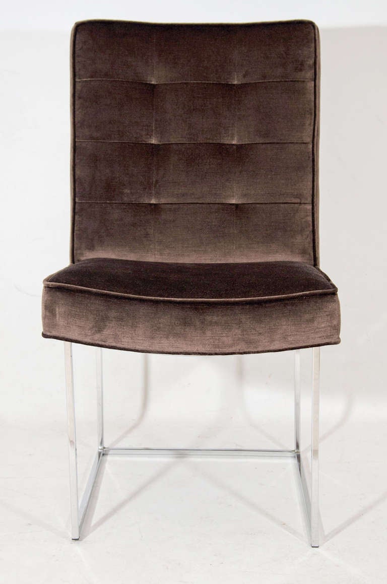 Very handsome set of six Milo Baughman dining chairs crisply tailored in espresso brown velvet with button less biscuit tufting on the backs. 