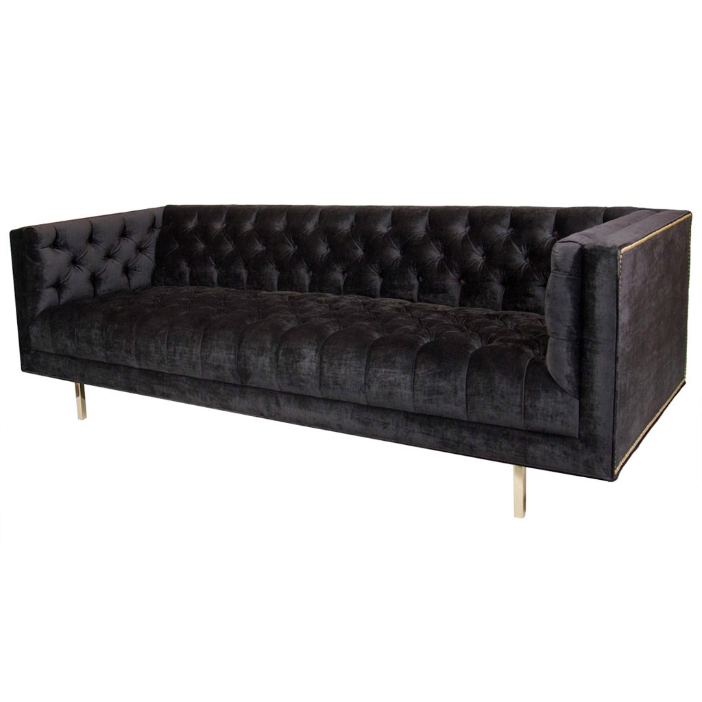 Modernist Tufted Tuxedo Sofa with Brass Accents For Sale