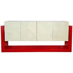 Faux Parchment Floating Illuminated Credenza in the Manner of Karl Springer