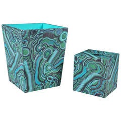 Malachite Pattern Wastebasket and Tissue Box