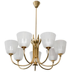 Large 7-Arm Brass Swedish Chandelier with Etched Glass Shades by Boréns, Borås