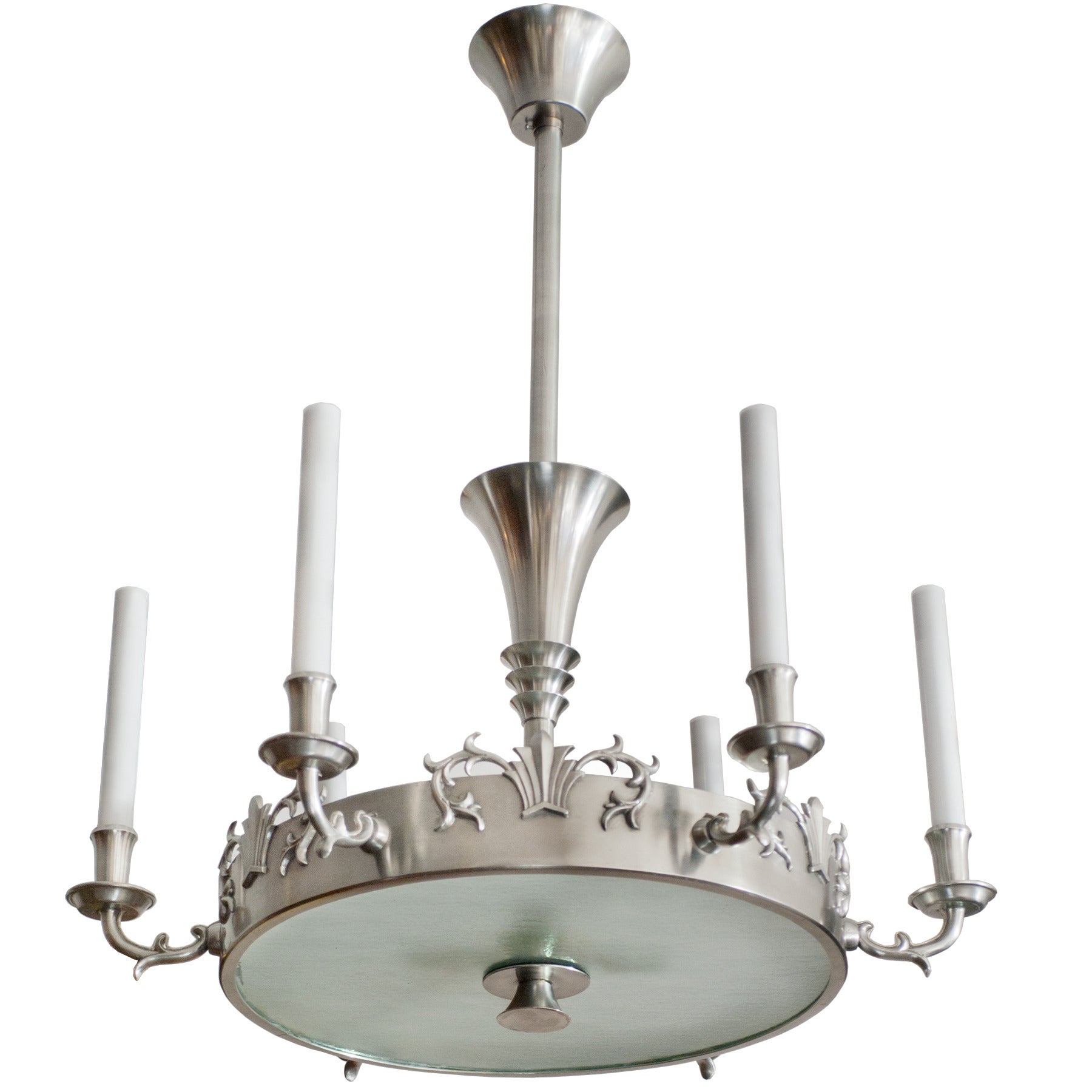 Swedish Art Deco 6-arm pewter chandelier by Carl Tingstrom