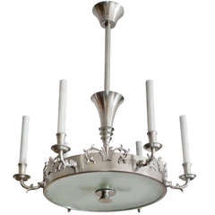 Vintage Swedish Art Deco 6-arm pewter chandelier by Carl Tingstrom