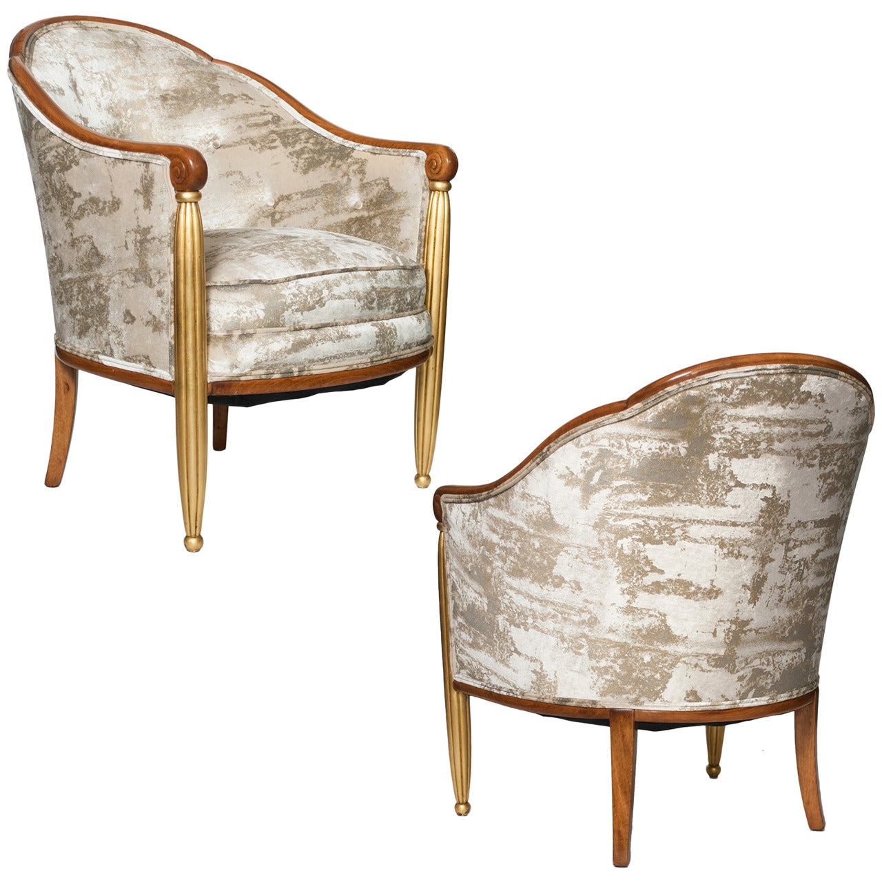 Pair of French Art Deco Parcel-Gilt Bergères Chairs in Velvet