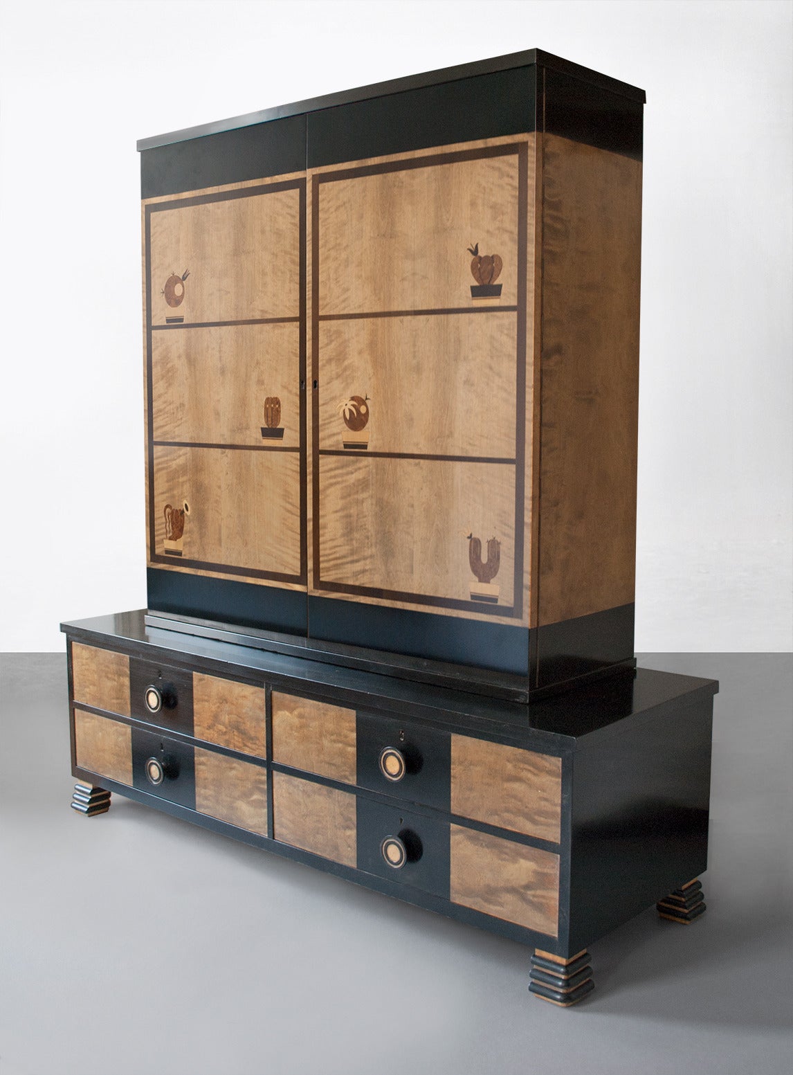 Mid-20th Century Swedish Art Deco Marquetry Two-Part Cabinet by Otto Schulz for Boet