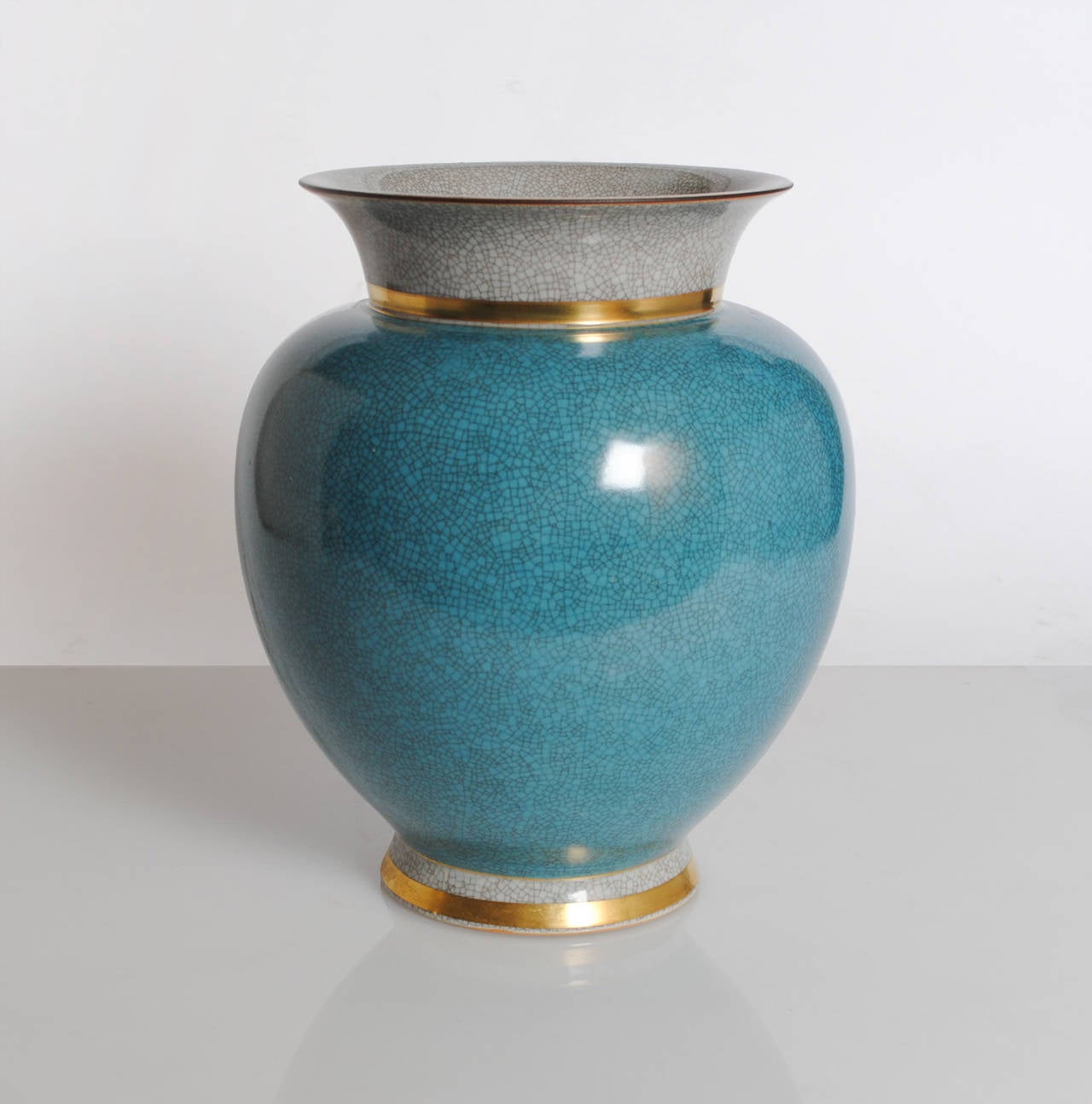 Danish Very Large Royal Copenhagen Blue and White Crackle Glaze Vase Details in Gold