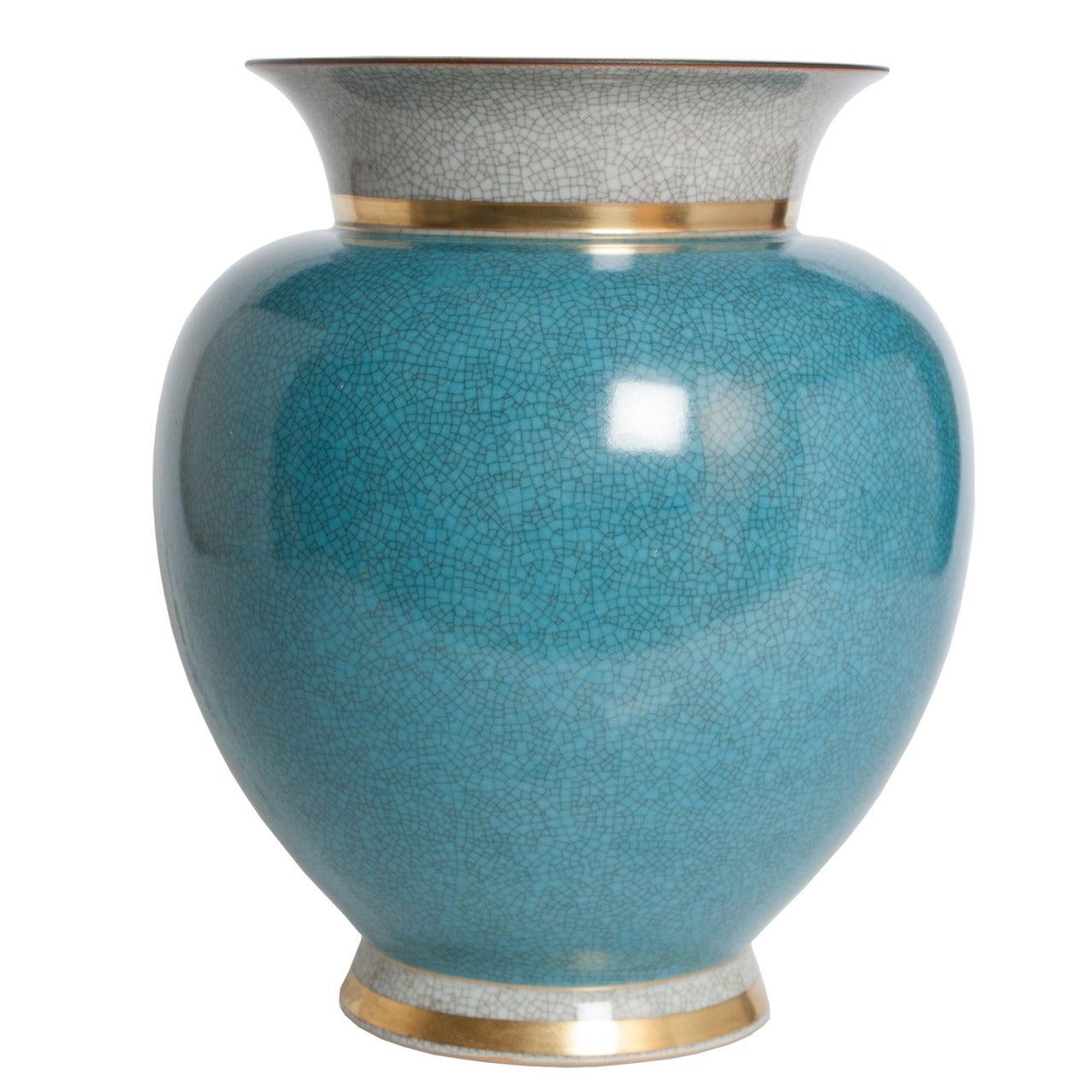 Très grand vase Royal Copenhagen à glaçure craquelée bleue et blanche en or