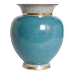 Very Large Royal Copenhagen Blue and White Crackle Glaze Vase Details in Gold