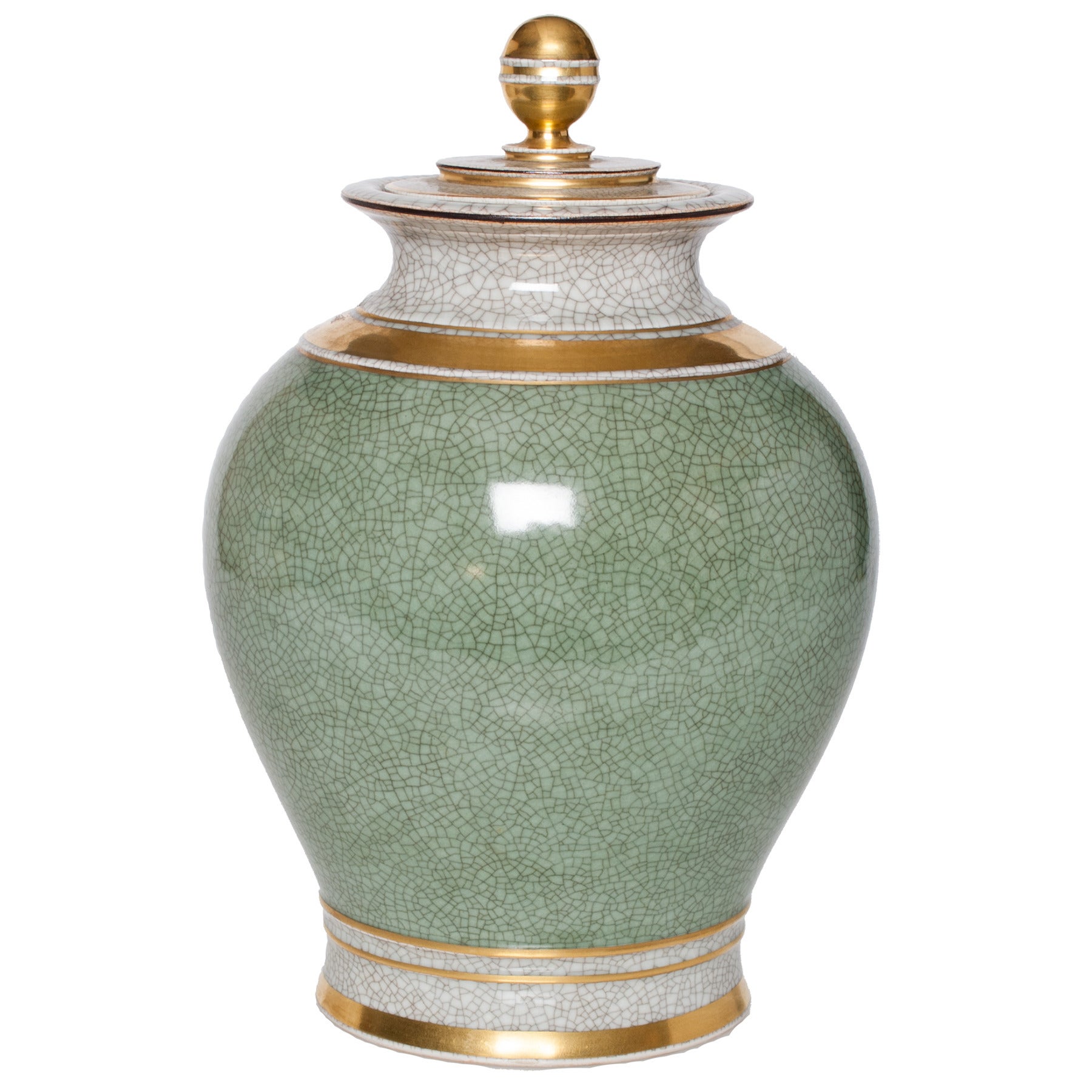 Large Scandinavian Modern Royal Copenhagen Green Crackle Glaze Vase Oval Lid